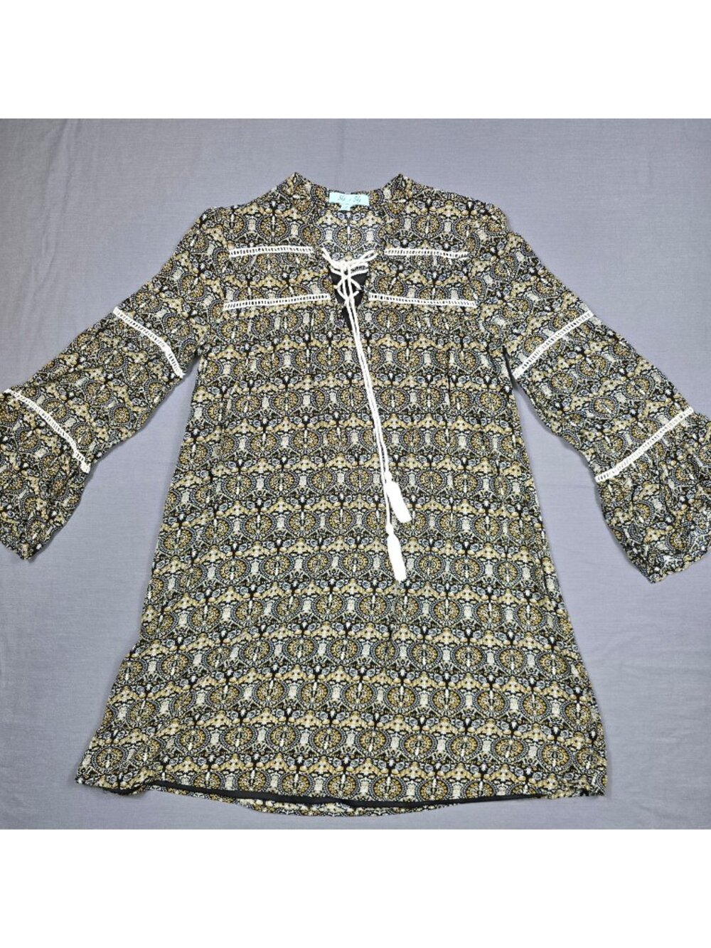 She + Sky Small Womens Boho Dress Peasant Lace-Up Bell Sleeves Vintage Print